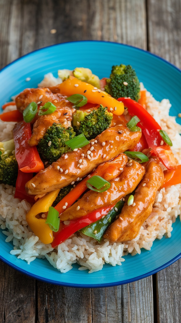 Spicy honey garlic chicken stir-fry with bell peppers and broccoli on rice, garnished with sesame seeds.